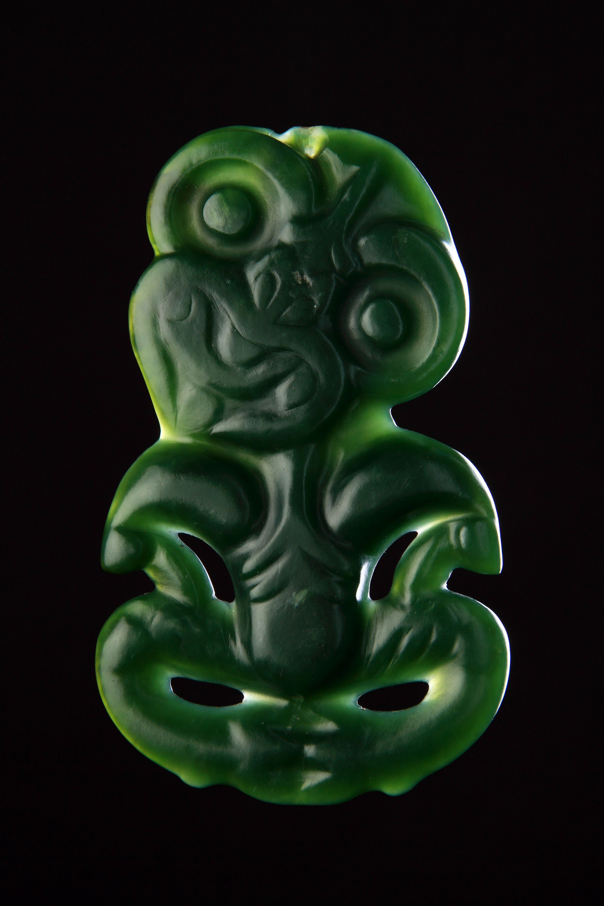 A Large New Zealand Maori Finely Carved ‘Pounamu’ Greenstone Breast Pendant ‘Hei-Tiki’